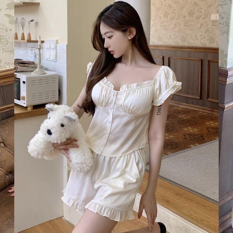 Женские пижамы из ледяного шелка с короткими рукавами, летняя тонкая и милая домашняя одежда