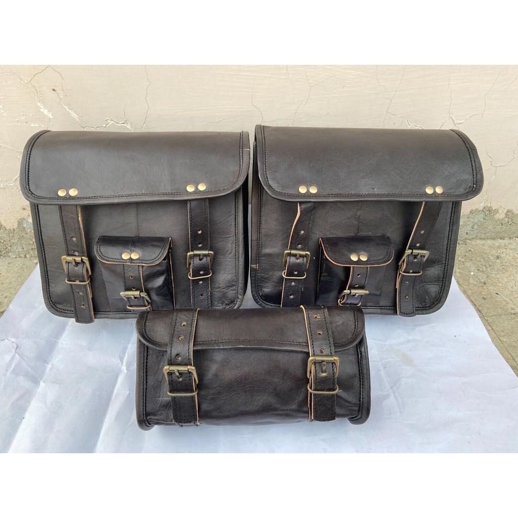 Combo 3 Saddle Bag Vintage Leather Motorcycle Panniers 1 Tool Pouch 2 Side Bag