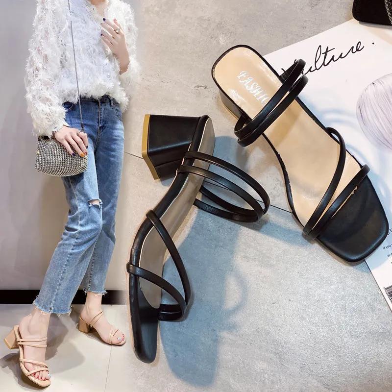 Летние женские сандалии на квадратном каблуке, элегантные тапочки, женские кожаные шлепанцы с перекрестной завязкой, женские сандалии