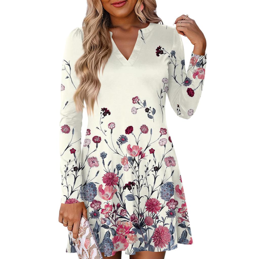 Women's Fashion Floral Print V-Neck Long Sleeve  Dress