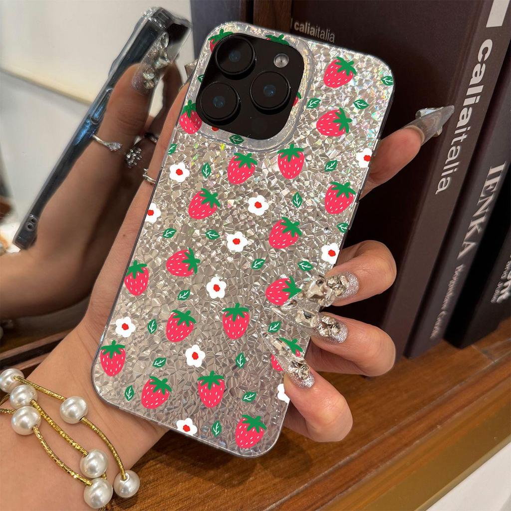 Strawberry Cartoon Cuteness Case for iphone 12 16 Plus 17 Pro 14 XR Air 13 XS Max 18 Pro Max 15 11 Silver Crushed Foil Cover