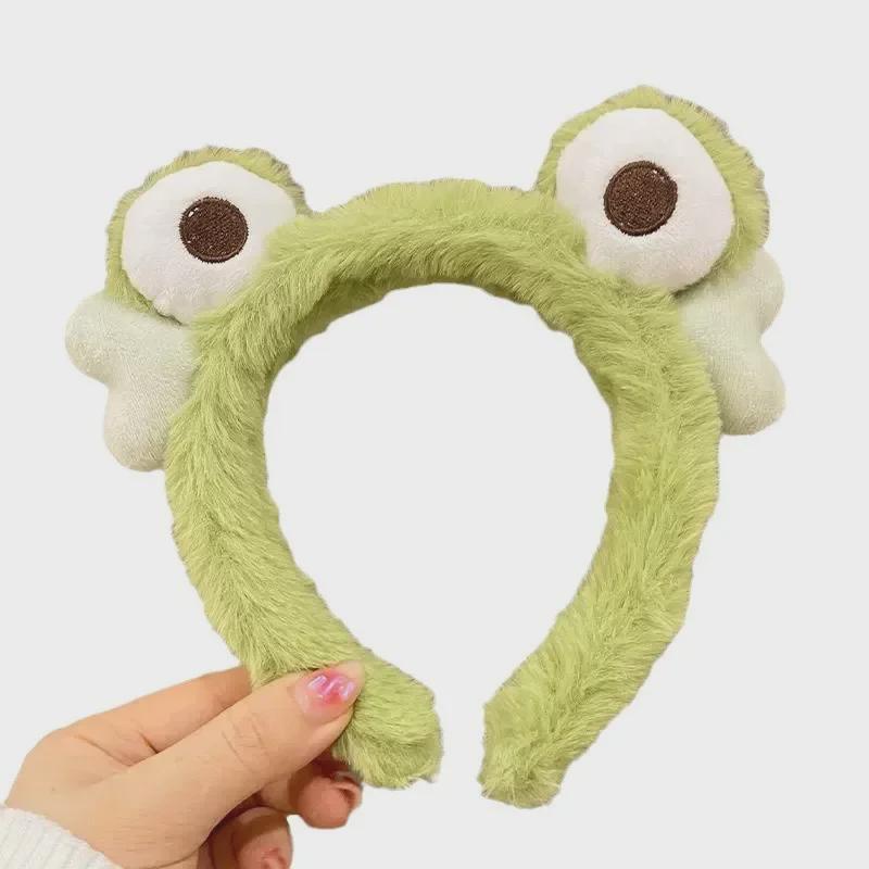 Женская симпатичная плюшевая повязка на голову в виде лягушки: Забавный мультяшный дизайн для умывания лица и нанесения маски, зимний аксессуар для волос.