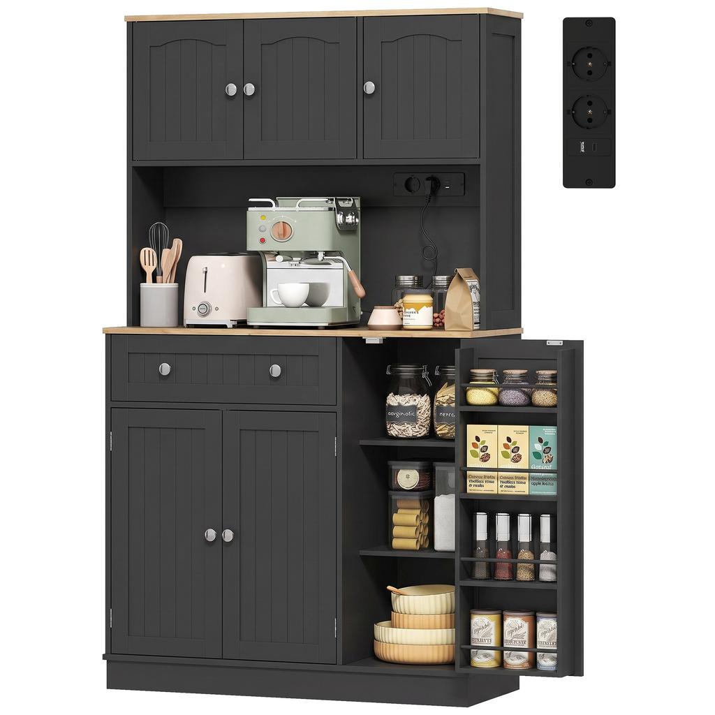 Buffet high cuisine, kitchen cabinet, charging station, 6 doors, worktop, spice rack, 100x40x173cm, black