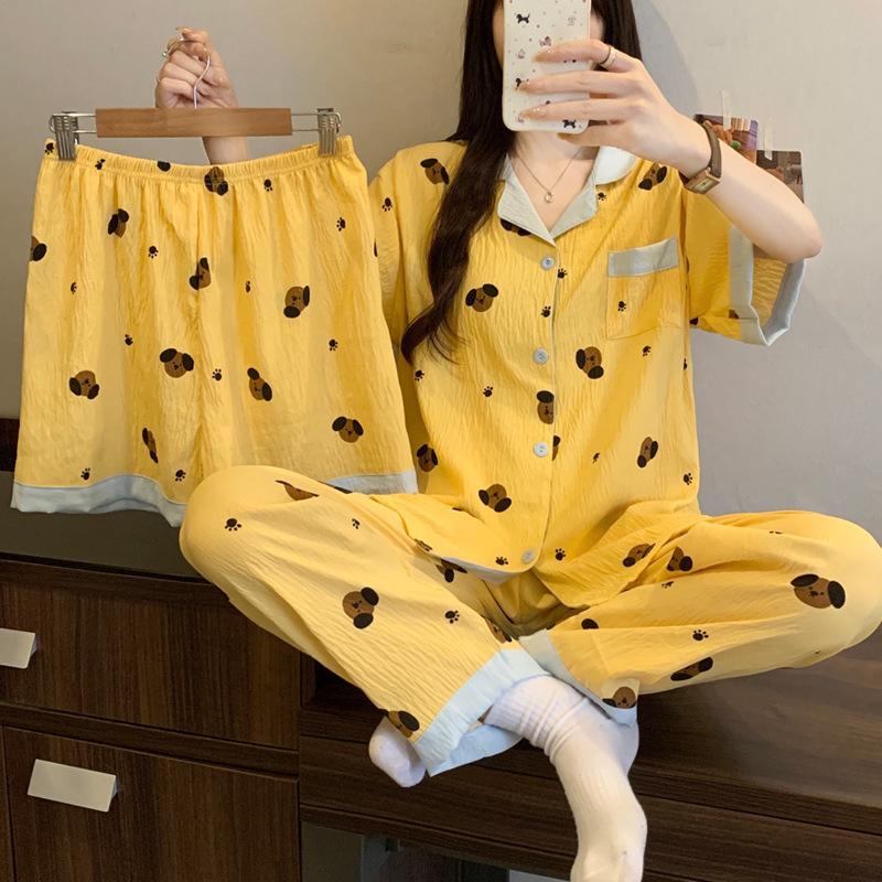 Small contrasting colors, fresh cloud cotton pajamas, women's summer new sweet and cute short-sleeved three-piece loungewear