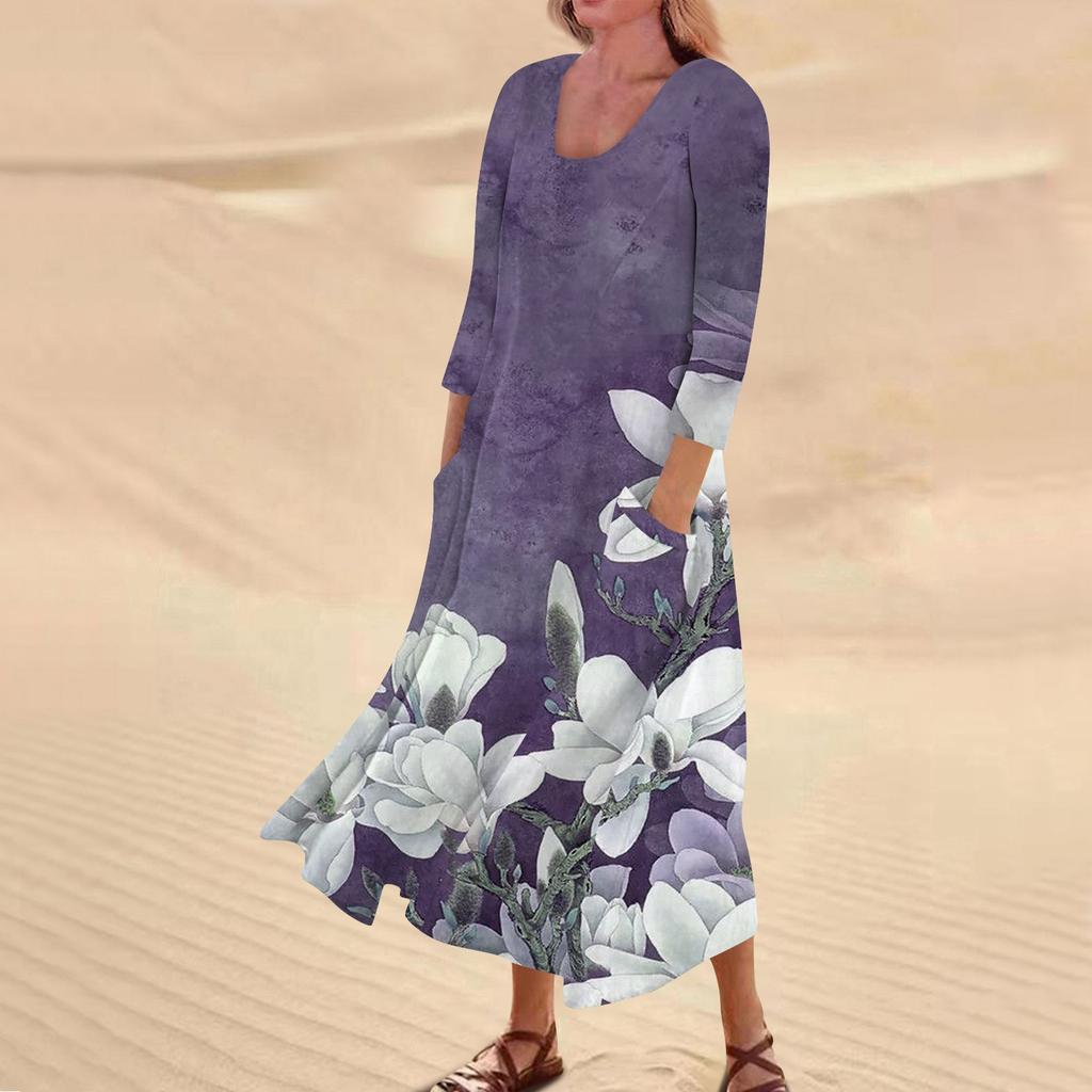 Женское повседневное модное удобное платье с карманами и рукавами 3/4 с принтом