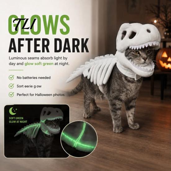 Fluorescent Bone Pet Gear Dinosaur Skeleton Costume, Soft Plush T-Rex Halloween Glow in The Dark Costume Outfit, Funny Cosplay Apparel for Cats