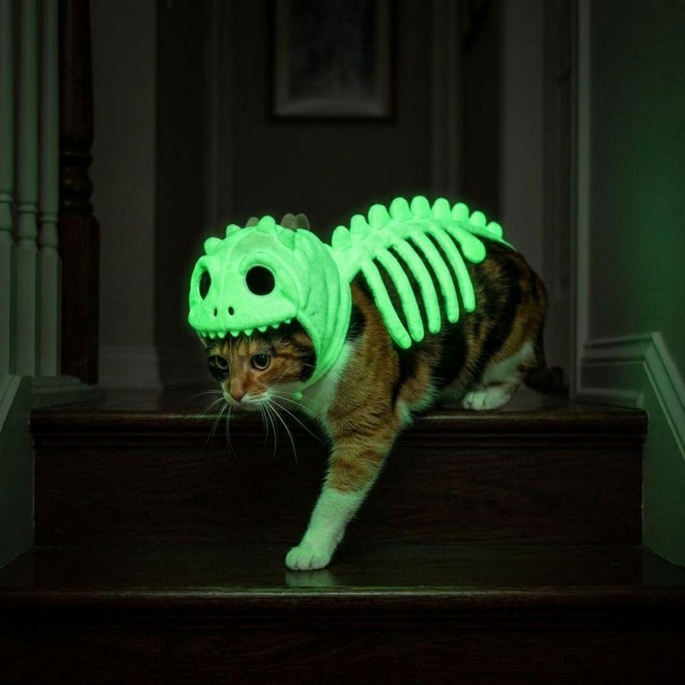 Soft Plush Halloween Cat Skeleton Hoodie Glow in Dark Pet Dino Skull Hooded Costume  Cat and Dog