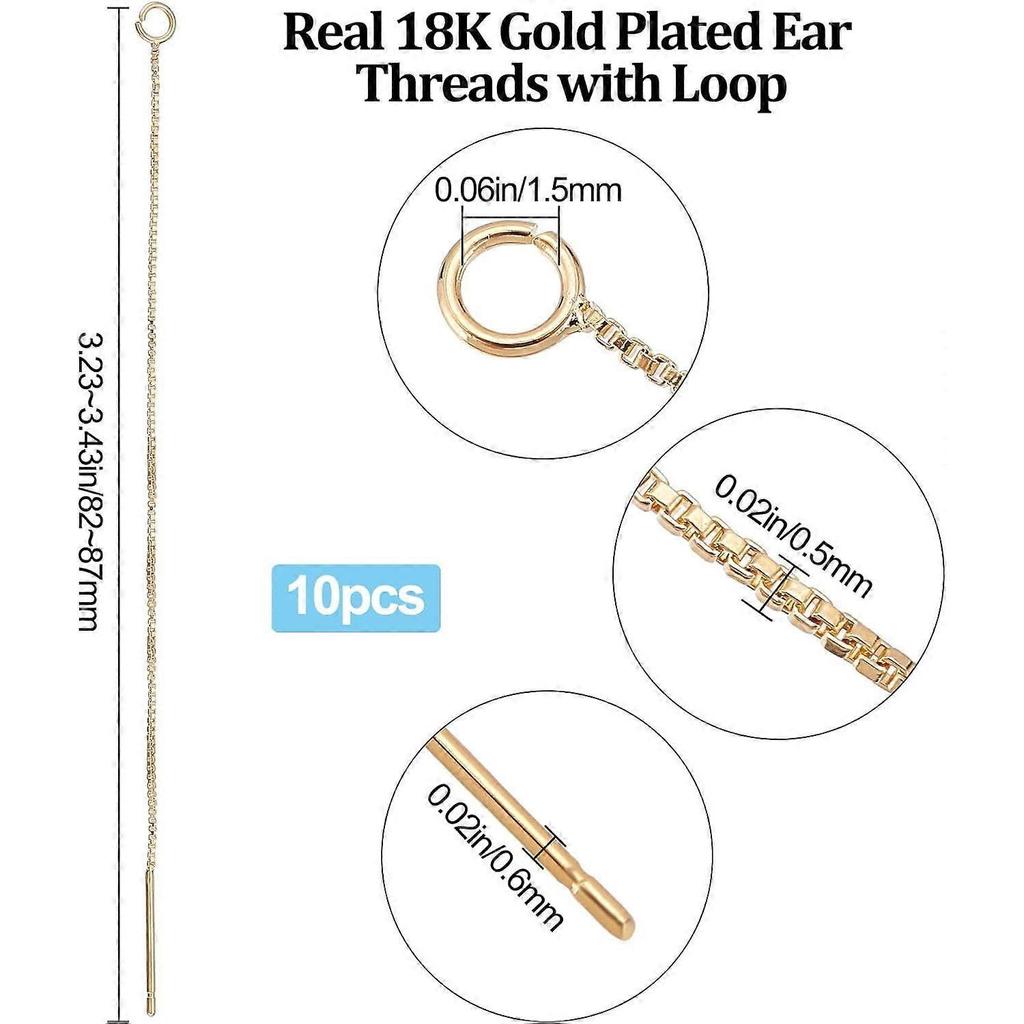 10Pcs 18K Gold Plated Ear Threads Dangle Bar Through Threaded Long Chain Earrings Pierced Dangling Drop Stud Earrings with Loop 3.34inch