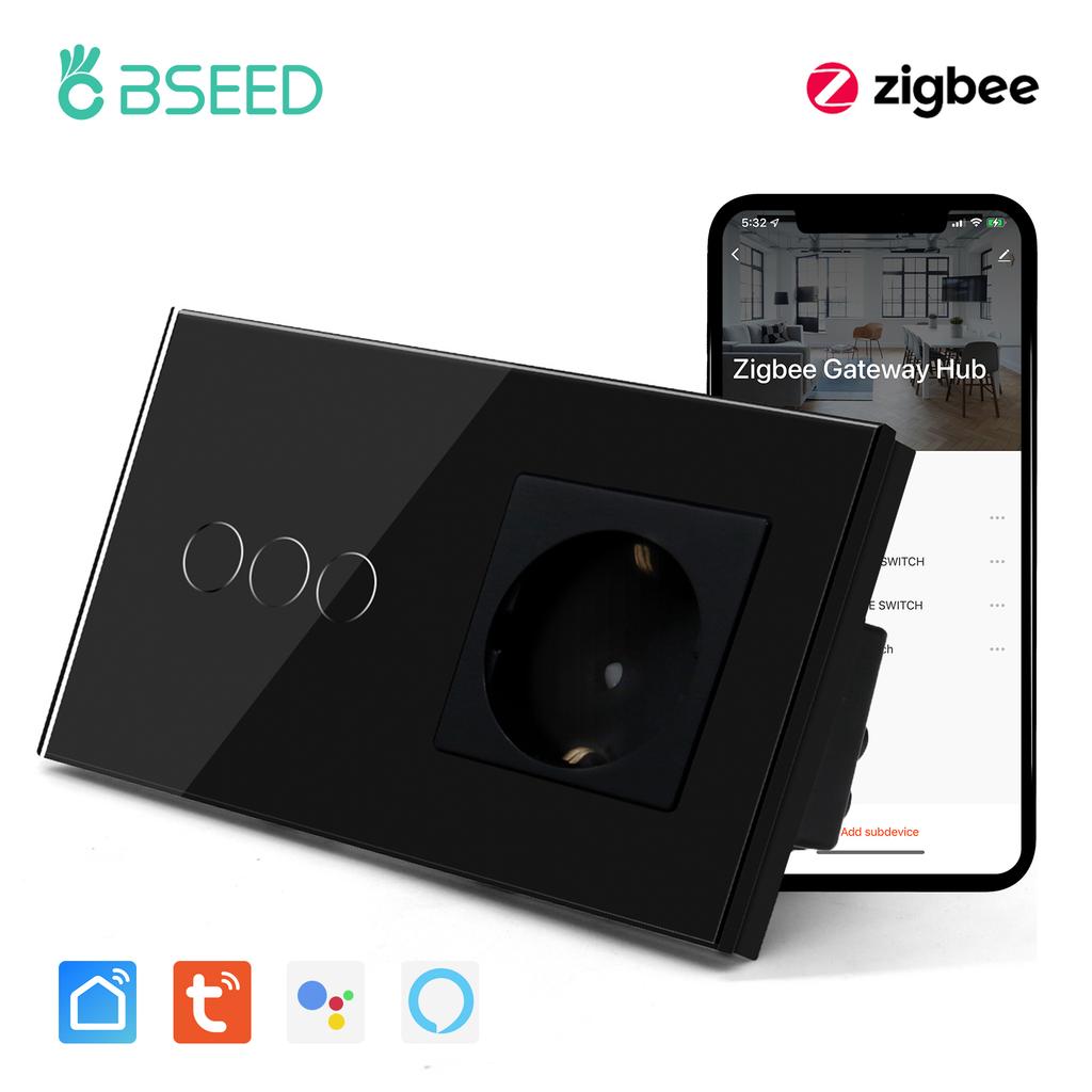 Bseed New Zigbee Single Live 1/2/3 Gang Touch Switch EU Standard With Normal Socket 4 Color Crystal Glass Panel Smart Home