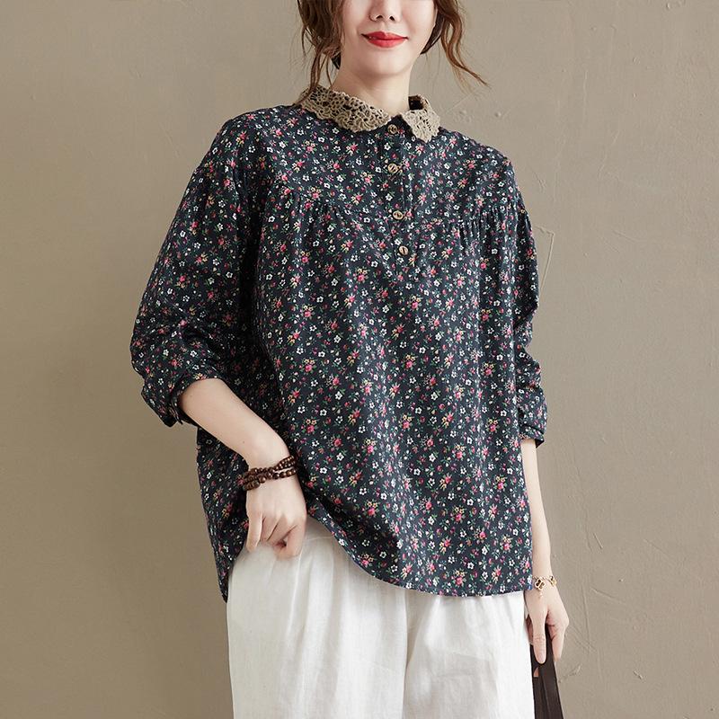 Осенняя свободная рубашка из хлопка и льна с цветочным принтом в стиле ретро с длинными рукавами для женщин Блузки и рубашки