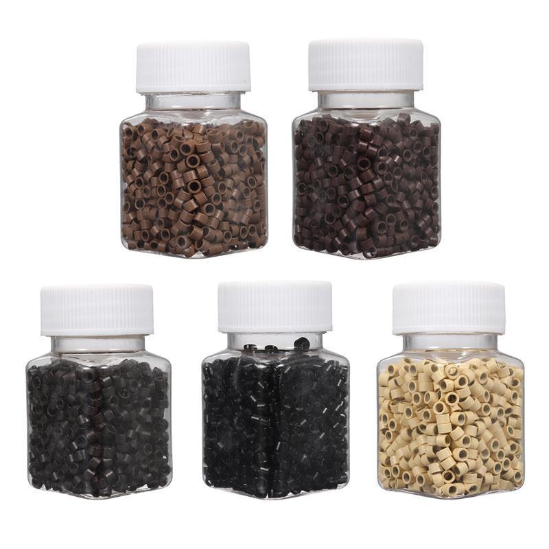 5030 Кератиновые силиконовые микрокольца с лазерной золотой нитью для невидимого наращивания волос - Набор с зажимом и инструментом в бутылочке