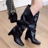 High Boots for Women High Heels Square Toe Suede Knee High Designer Shoes 2025 Winter Pumps Chunky Chelsea Botas Mujer