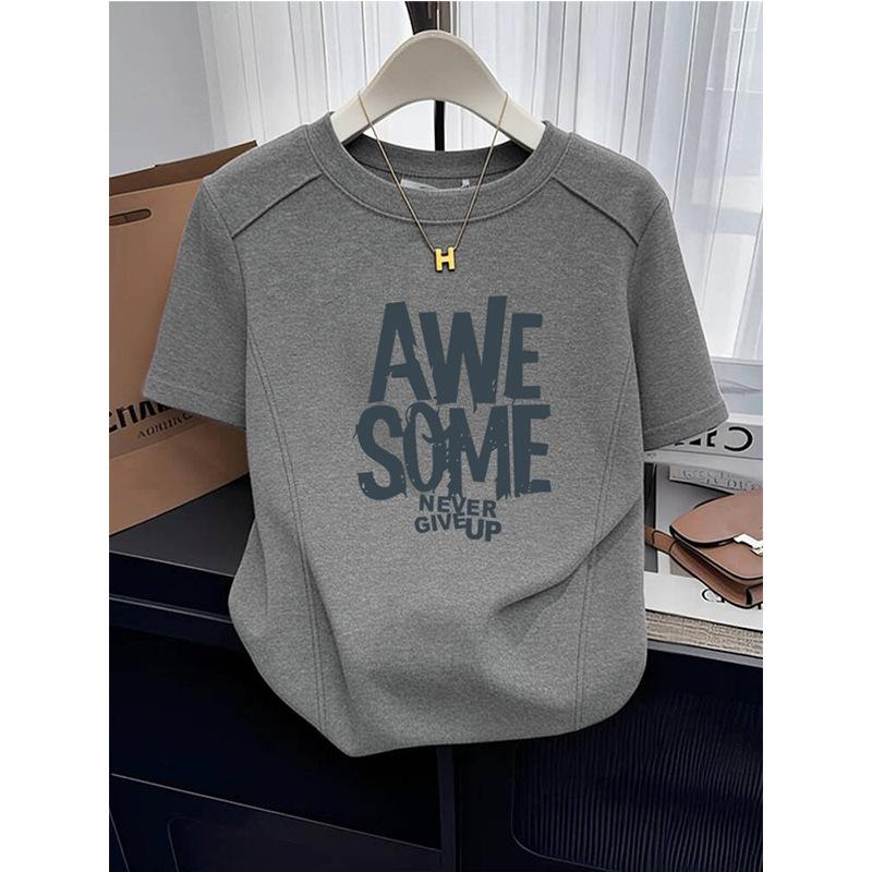 New line front shoulder cotton short-sleeved t-shirt women's slim and thin gray bottoming shirt top summer t-shirt