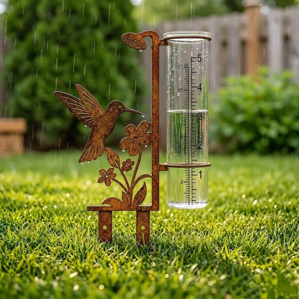 Large Capacity Metal Rain Gauge Stake Vintage Flower Bird Yard Rainfall Monitor Yard Barn