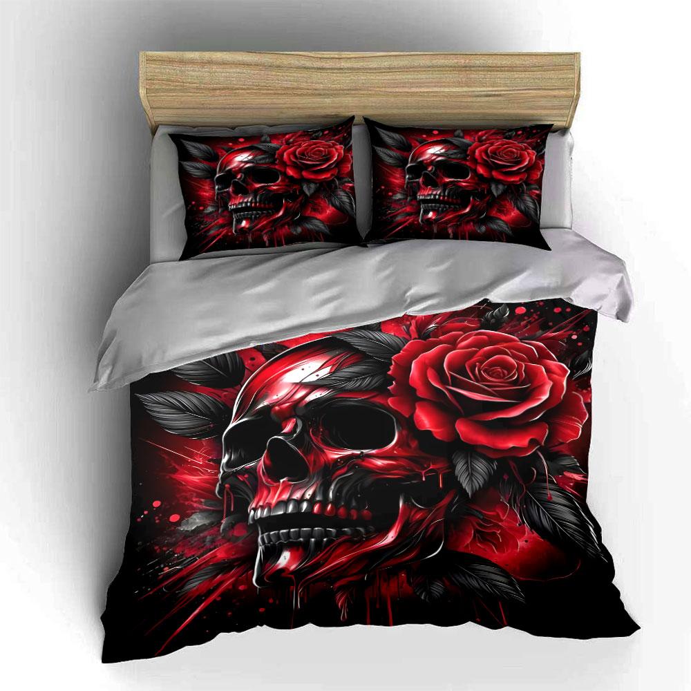 Red Skull with Rose Design Bedding Duvet Cover Set  (1*Duvet Cover 2*Pillowcases, without duvet insert)