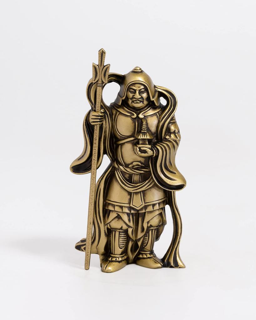 One of the Seven Lucky Gods, Bishamonten, Silky Gold. Sculptor: Makita Shuun. Original: Antique Gold. Buddhist Statue. Takaoka Copperware