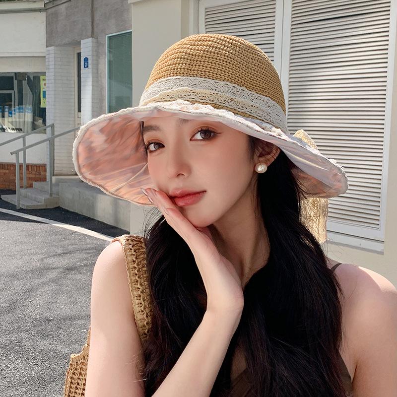 Vacation Style Lace Bow Grass Hat Summer Hollow Breathable Sun Protection Hat Beach Sun Protection Fisherman Hat
