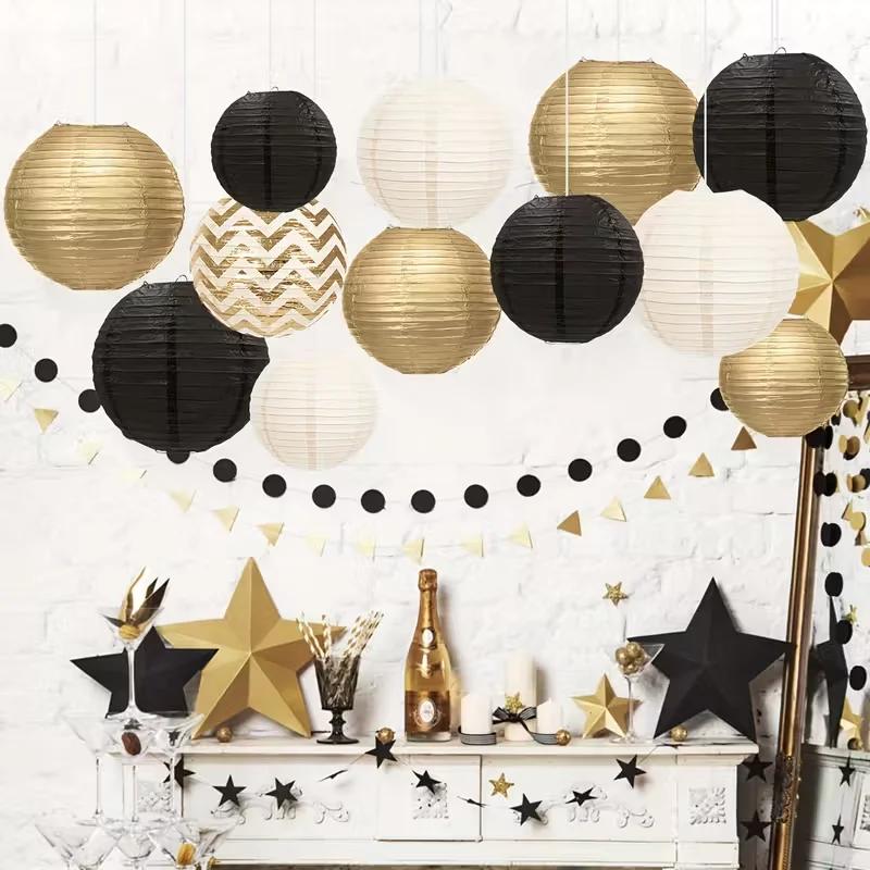Top Quality Black round Paper Lanterns Chinese Japanese Style Decorative Hanging Lamp for Anniversary Birthday Wedding Party