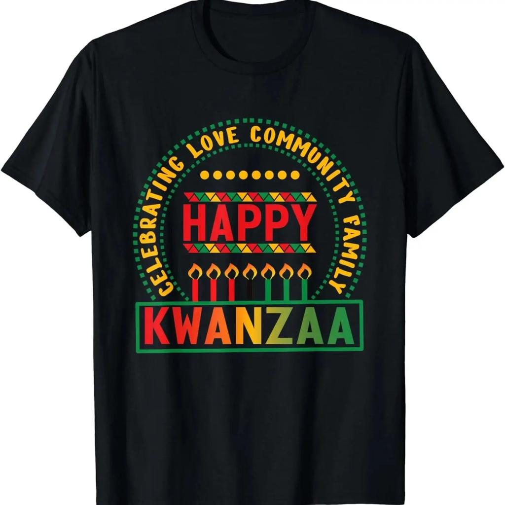Happy Kwanzaa Kinara Candles African Christmas T Shirt vintage Washed streetwear homme Unisex fashion Breathable Versatile