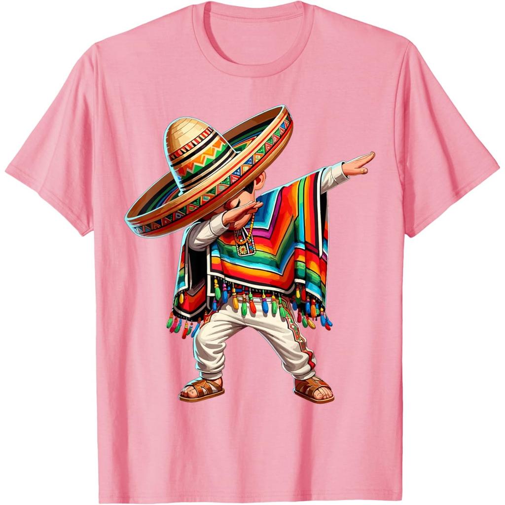 Mexican Boy Dabbing Poncho Sombrero Graphic Tee Cinco de Mayo Casual Cotton T-Shirt