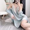 2025 Women's Pure Desire Ice Silk Robe with Lace Trim & Spaghetti Straps, Solid Color, Simple, Chest-Padded Homewear