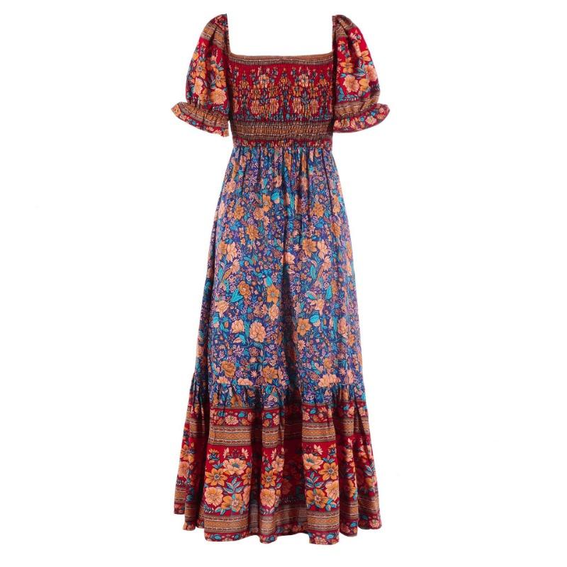 Bohemian Puff Sleeve Off Shoulder Midi Beach Vacation Dress For Women