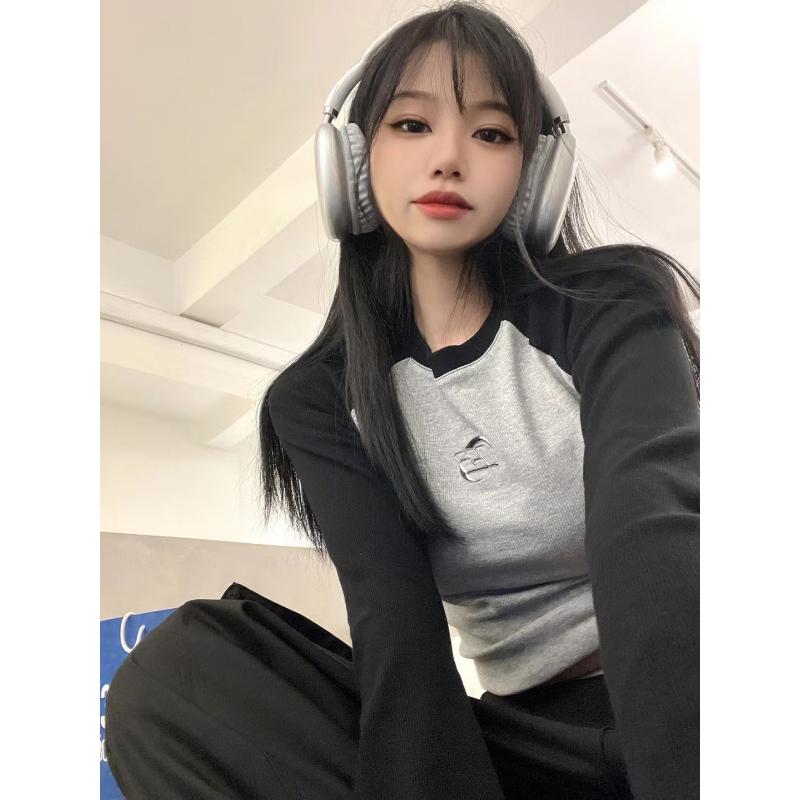 Y2k винтажный укороченный топ с длинными рукавами, женские корейские модные футболки в стиле Харадзюку Kpop, эстетические футболки с графикой, лоскутные осенние