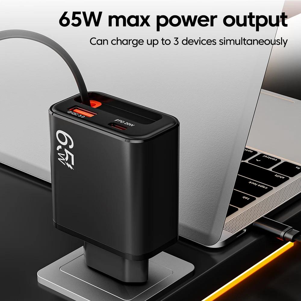65W USB Phone Charger with Retractable Type C Cable EU/US/UK Plug Wall Charger for IPhone 17 Samsung Xiaomi Huawei Quick Charger