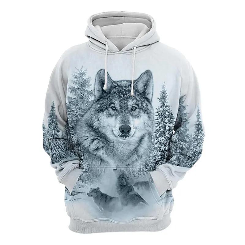Black and White Wolf Print 3D Men's Hoodies Fashion Animal Pattern Women's Sweatshirts Leisure Essentials Pullover Jackets Coat