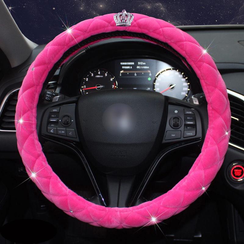 Зимний чехол на руль автомобиля Diamond Crystal Crown Plush Fur Steering-Roll Cases Auto Interior Accessories For Women Girls