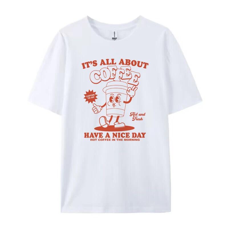 Women Retro Cartoon Coffee T Shirt Short Sleeve Funny Caffeine Lover TShirts Cute Aesthetic Graphic Tees Unisex Summer Top Gift