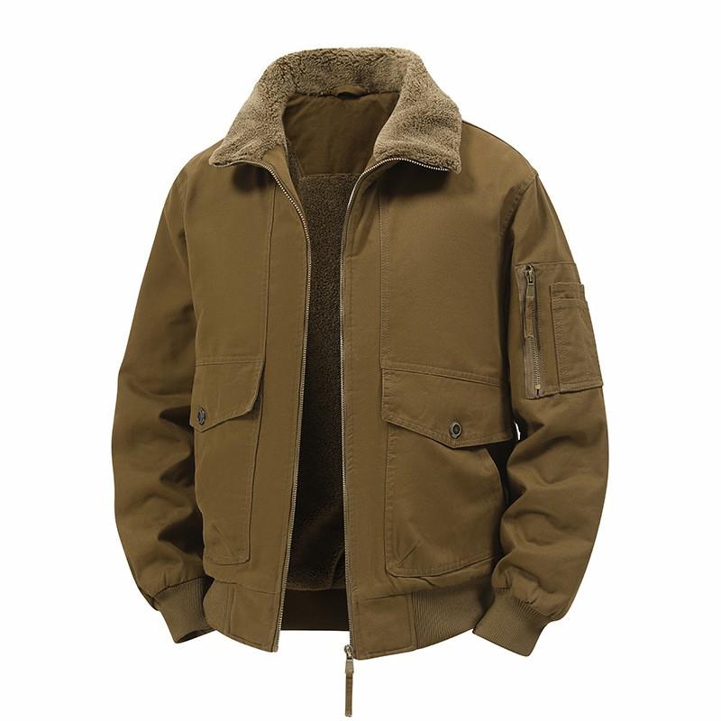 Mens Cotton Fleece-Lined Work Jacket With Collar Multi-Pocket Warm Windproof Outerwear Fall Winter