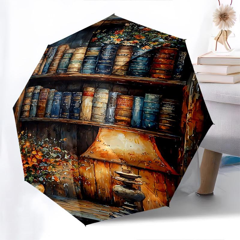 Bookshelf, Lamp Themed Automatic Opening and Closing Umbrella, Brightly Colored 8-rib Portable Umbrella, Suitable for Men and Women, A Perfe
