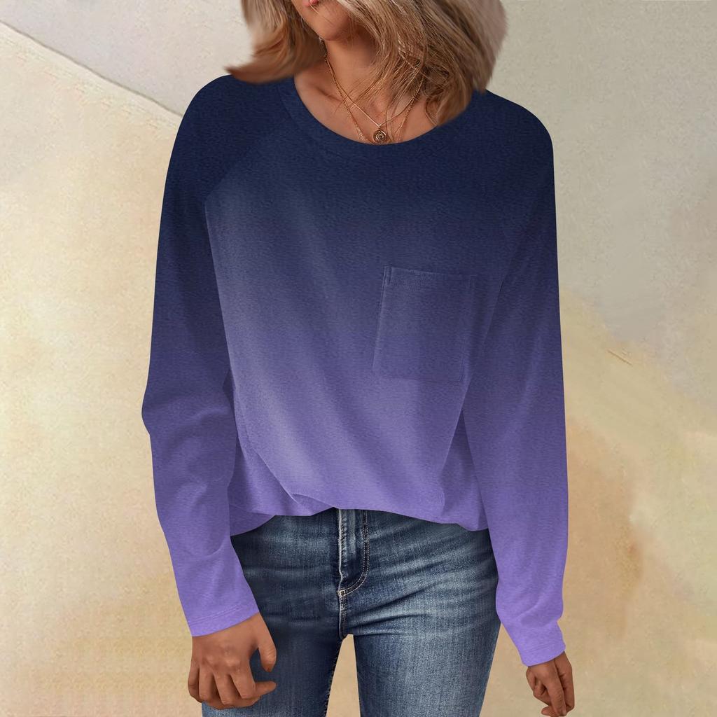 Women's Round Neck Gradient Printed Raglan Sleeve Long Sleeve Versatile Loose Top