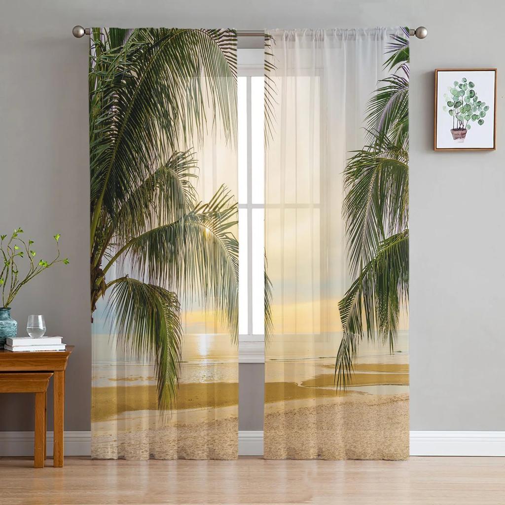 Modern Sheer Curtains Summer Beach Palm Trees Living Room Kitchen Children's Room Decoration Household Chiffon Window Curtains