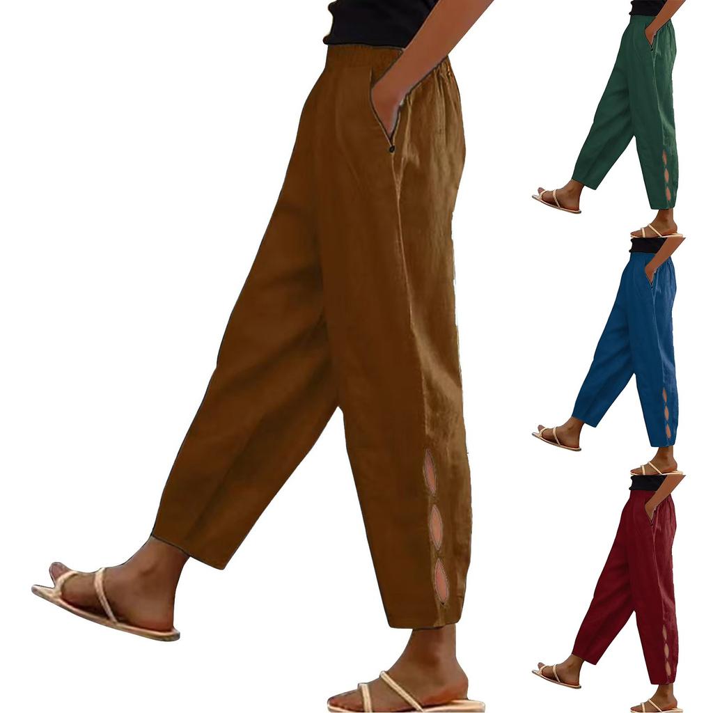 Women's Fashion Cotton Linen Solid Color Casual Daily Side Pockets Leg Hollow Button Trousers