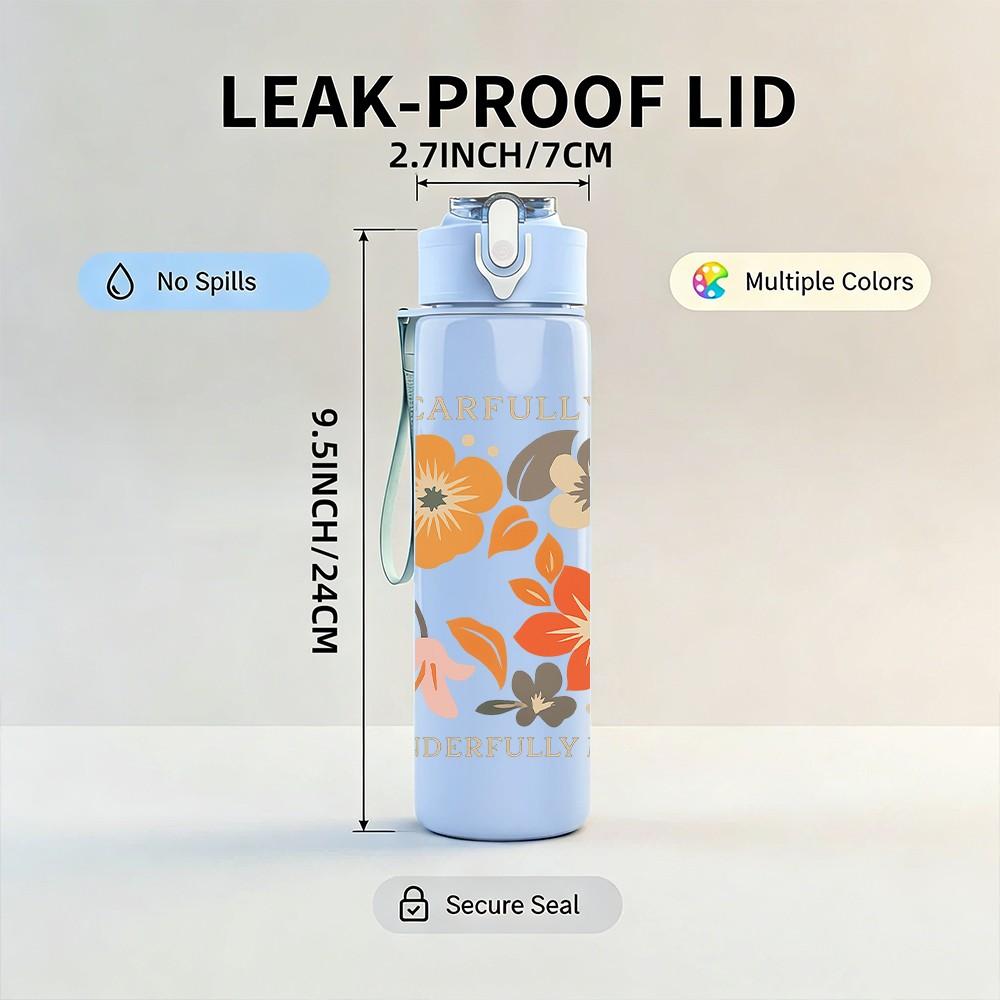 1PC Peach Floral Botanical Pattern 750ml Color Plastic Sports Water Bottle Leakproof Flip Straw Lid Suitable for Sports Office Home Use