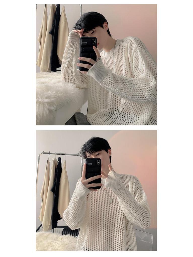 Men's Summer Thin Grid T-Shirt: Trendy Hong Kong Style, Hollow Knit, Long Sleeve, Round Neck Cover-Up