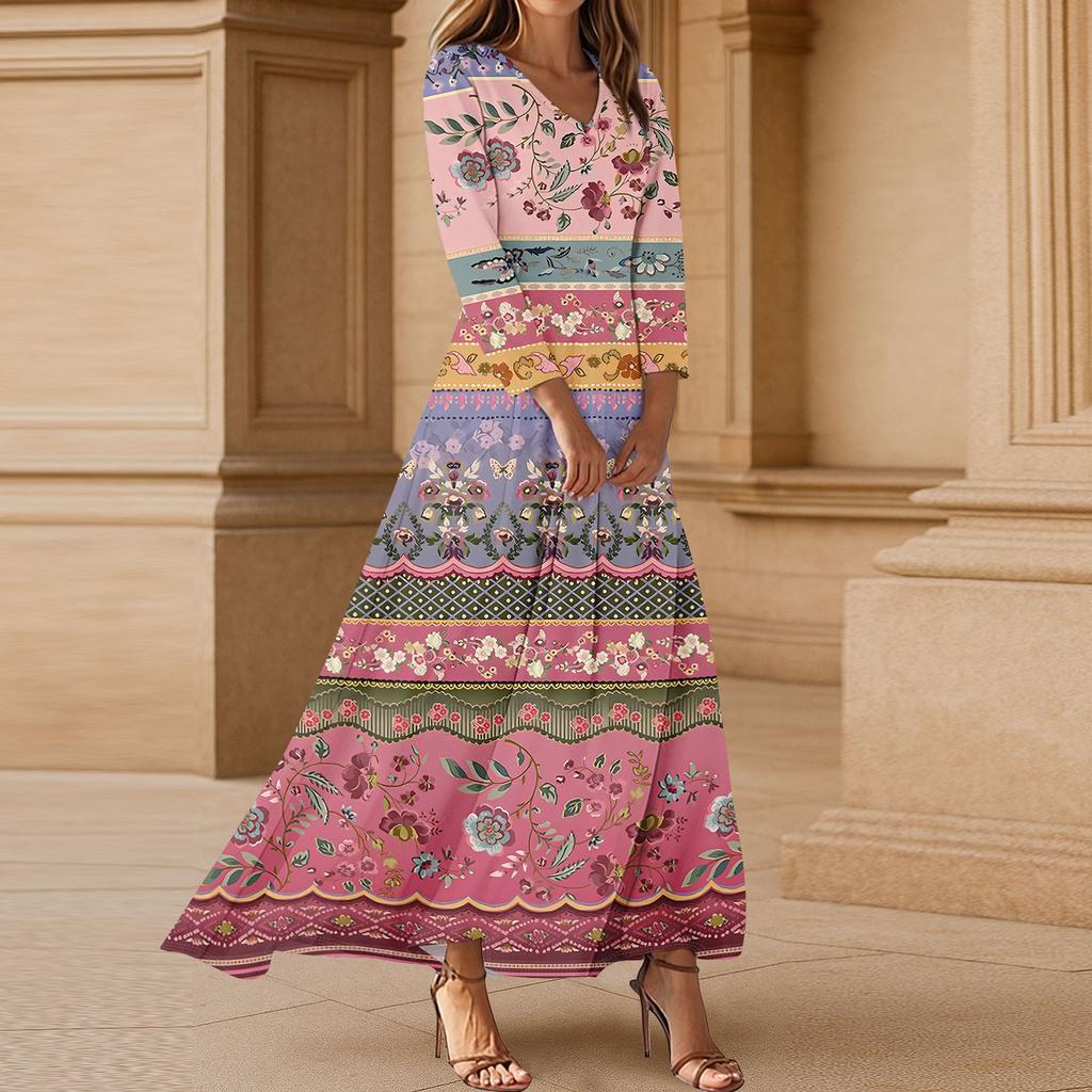 Платья для женщин Винтажное цветочное туниковое платье миди с завышенной талией Летнее повседневное платье с рукавом 3/4