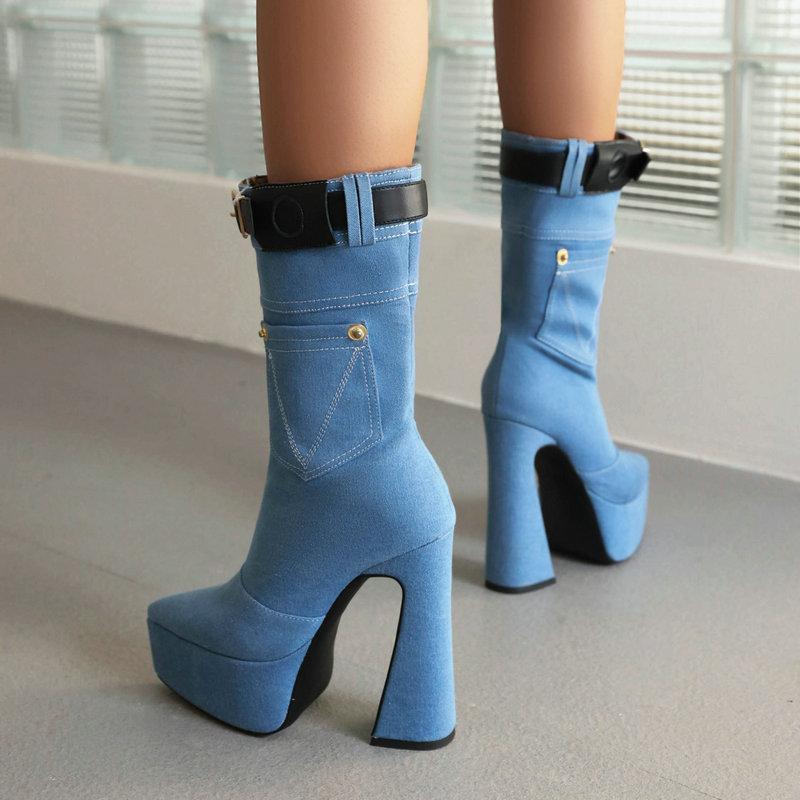 Женские полусапоги, джинсовая обувь, туфли на высоком каблуке, женские сапоги до середины икры