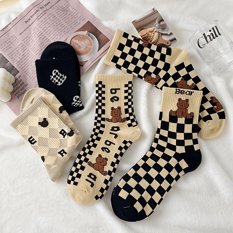 5-Pair Women's Korean-Style Vintage Checkerboard Bear Socks - Soft Breathable Mid-Calf Suitable for All Seasons