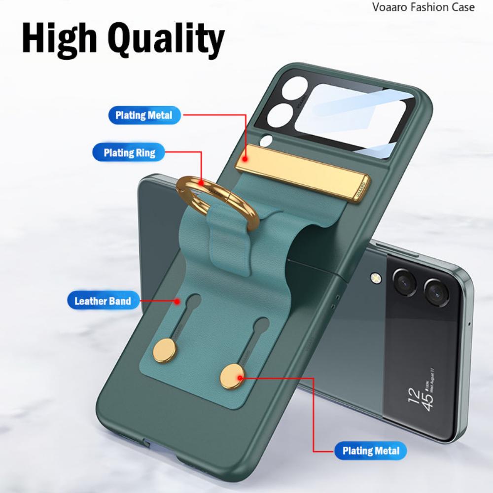 Funda For Samsung Galaxy Z Flip 4 5g Case Leather Wristband Ring Bracket Cover For Samsung Z Flip 4 Strap Case With Camera Film