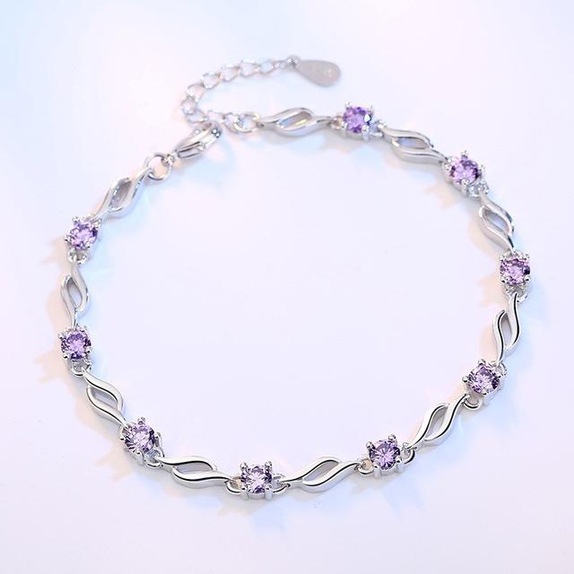 925 Sterling Silver Jewelry Bracelet High Quality Retro Fashion Woman Purple Crystal Four Prong DIY Bracelet Length 20.5CM
