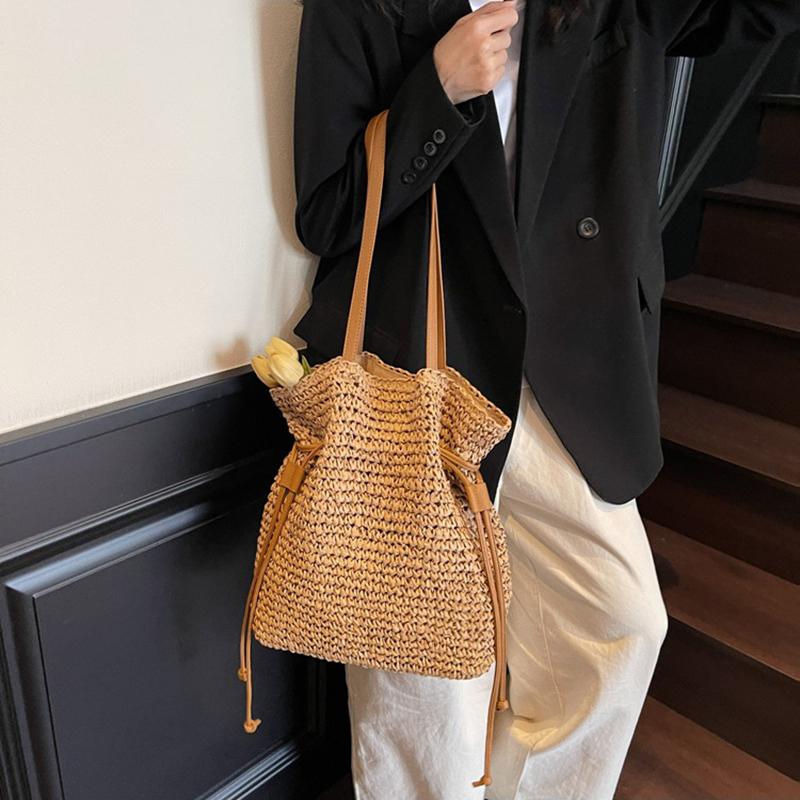 Yogodlns Женская соломенная сумка подмышкой, однотонная плиссированная сумка, большая вместимость, модная сумка на плечо, дорожная сумка для покупок, пляжная сумка