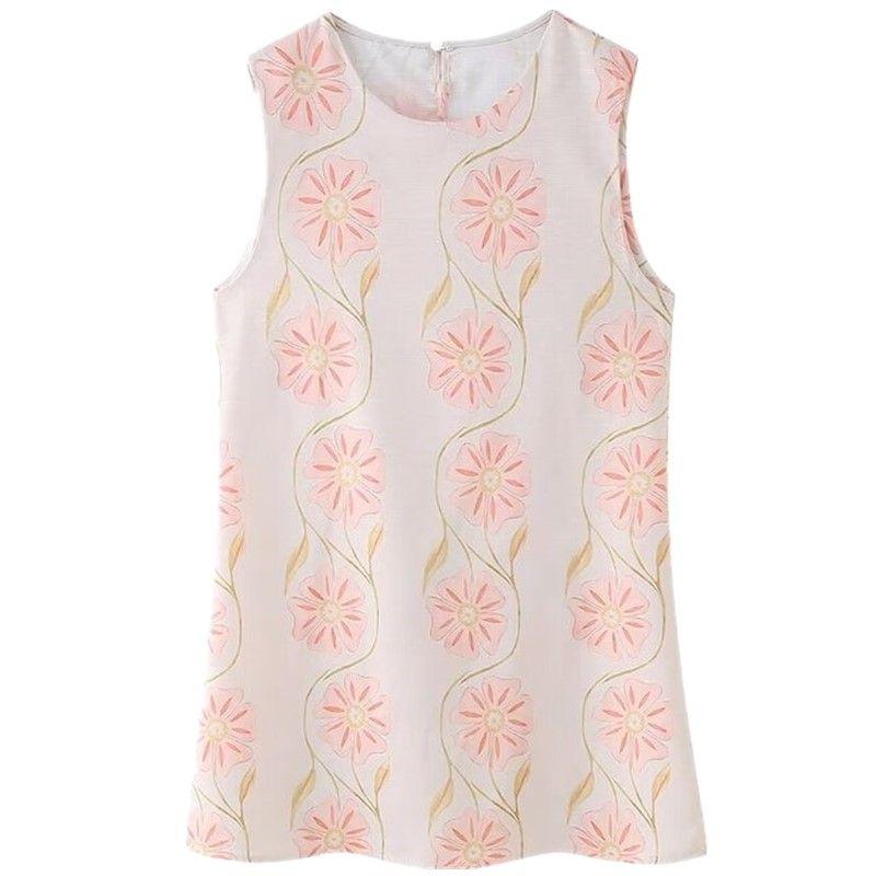 Fashion Style 2024 Summer New Arrival Women's Clothing Slim Looking Linen Pink Flower Loose All-Matching Sleeveless Dress