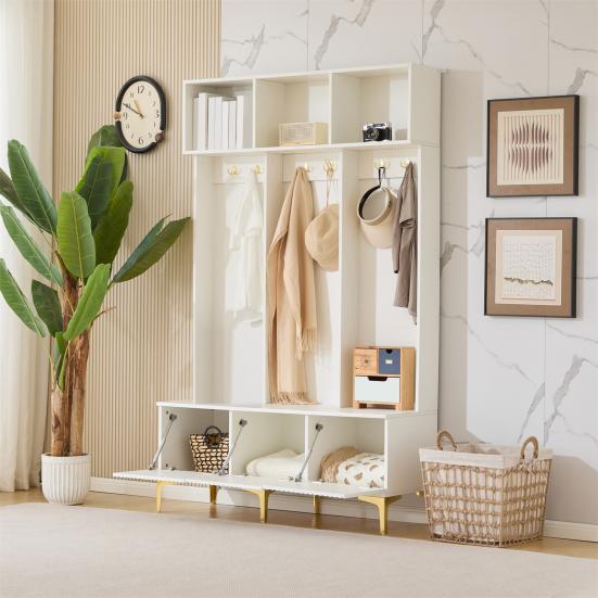 Wardrobe Closet Set with Bench Multifunctional Storage Open Storage 6 Cabinet Golden Hooks And Feet Suitable for Hallway Living Room White Tall