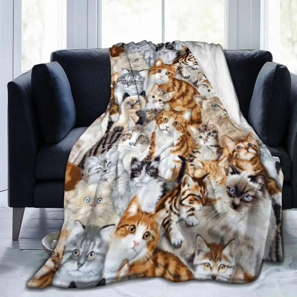 Cute Cat Kawaii Animal Design Flannel Throw Blanket Lightweight Warm Cozy Gifts for Kid and Adults Gift Suitable Couch Bed Chair