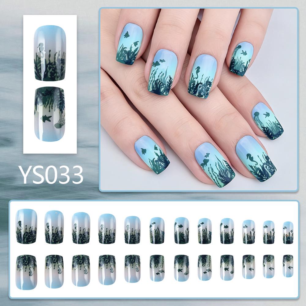 Spring-Summer Gradient Seaweed Blue-Green Square Nail Art Set - 24 Detachable Pieces