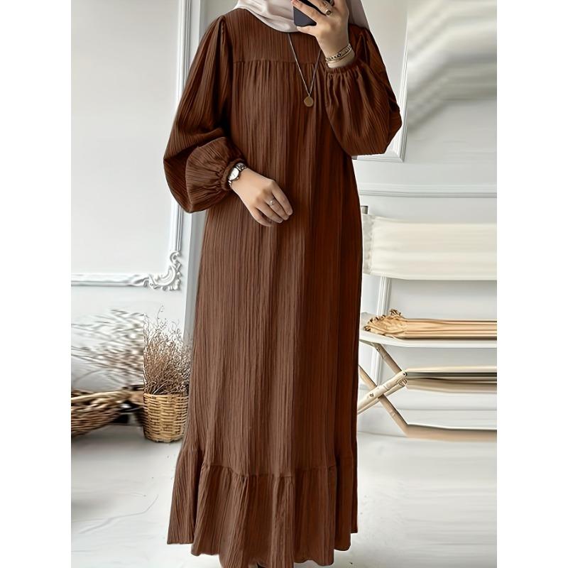 Spring and Autumn Women's Fashion Long Sleeve Vintage Solid Colour Ruffle Hem Long Dresses
