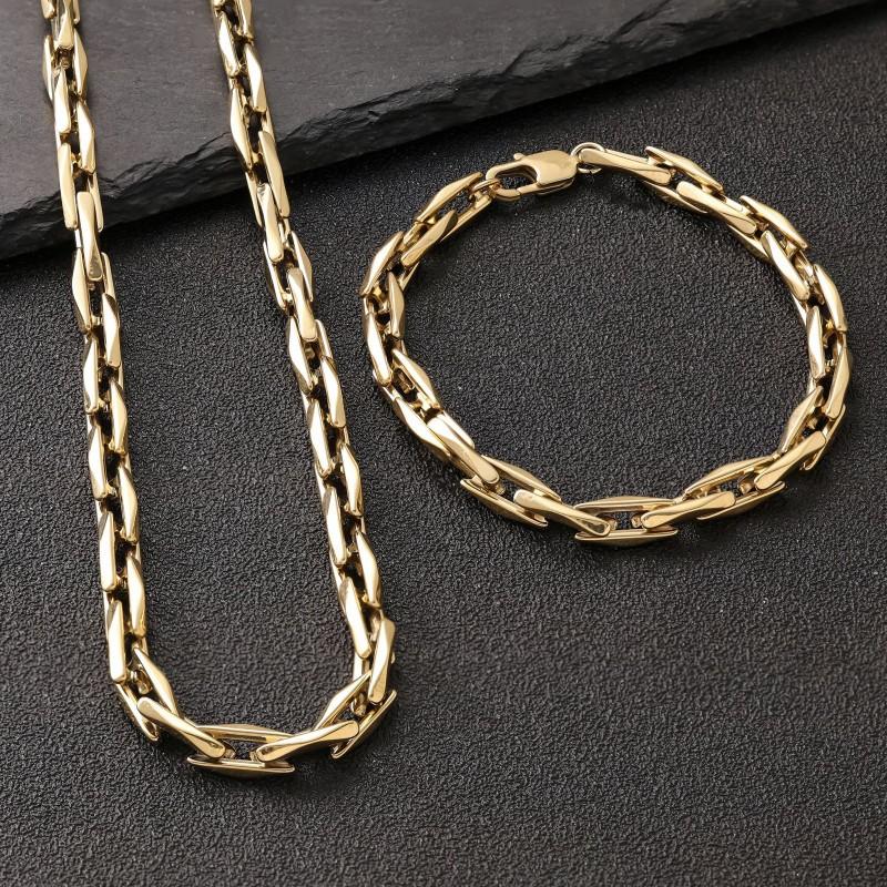 Mens Titanium Steel Chain Necklace Bracelet Set Gold Tone Minimalist Jewelry Gift Daily Wear